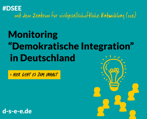 Grafik mit dem Text: #DSEE präsentiert mit dem Zentrum für zivilgesellschaftliche Entwicklung (zze) ein Presseevent zur bundesweiten Studie: Engagement als wichtiger Baustein der Demokratie. Hier geht es zum Inhalt. d-s-e-e.de