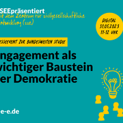 Grafik mit dem Text: #DSEE präsentiert mit dem Zentrum für zivilgesellschaftliche Entwicklung (zze) ein Presseevent zur bundesweiten Studie: Engagement als wichtiger Baustein der Demokratie. Digital am 31.05.23, 11 – 12 Uhr. d-s-e-e.de