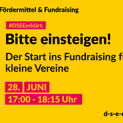 Grafik mit dem Text: DSEEerklärt Fördermittel & Fundraising. Wie weit darf ich gehen? Ethik im Fundraisung. 28. Juni, 17:00 – 18:15 Uhr. d-s-e-e.de