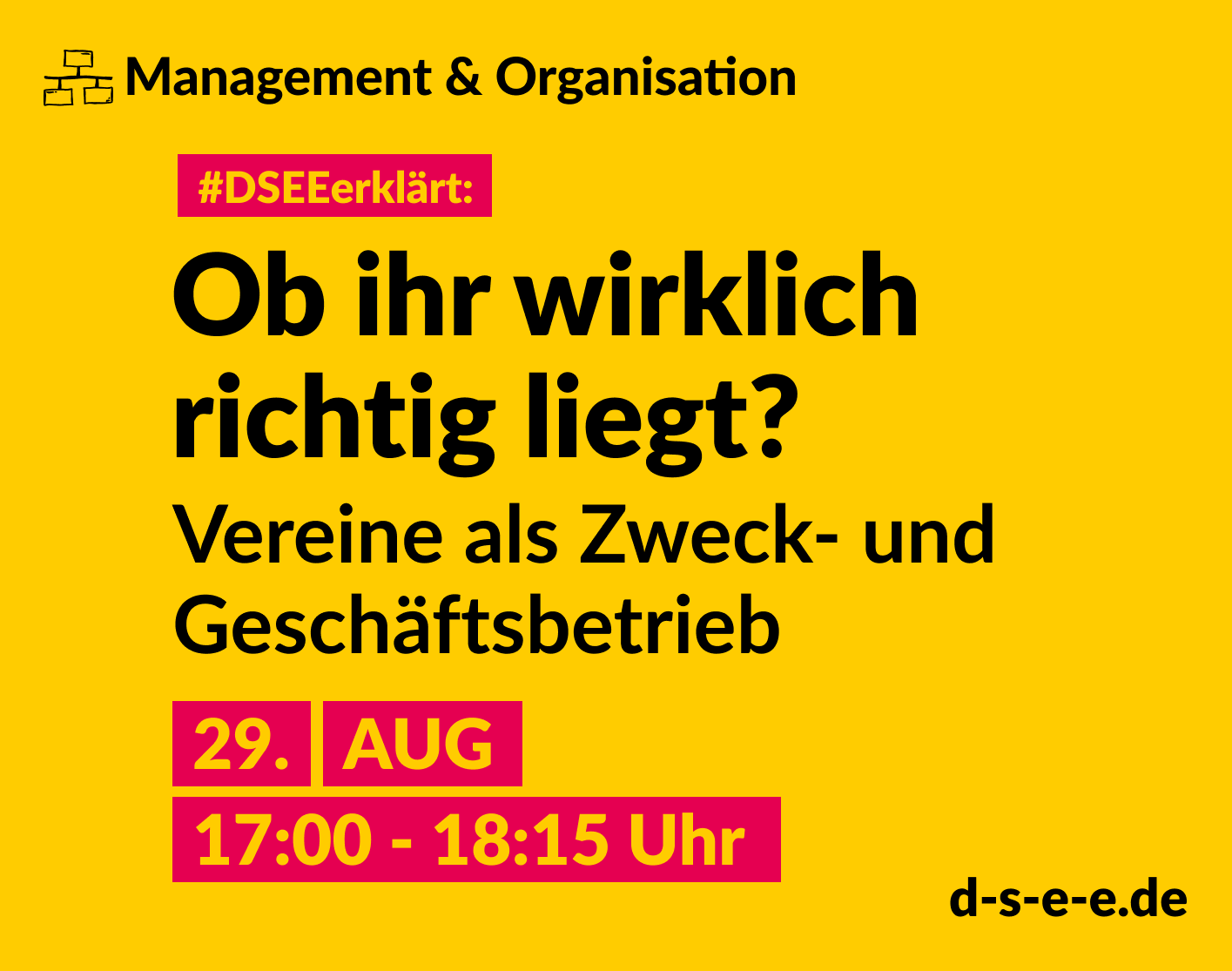 Grafik mit dem Text: Thema Management & Organisation. DSEEerklärt: Ob ihr wirklich richtig liegt? Vereine als Zweck- und Geschäftsbetrieb. 29. August, 17:00-18:15 Uhr