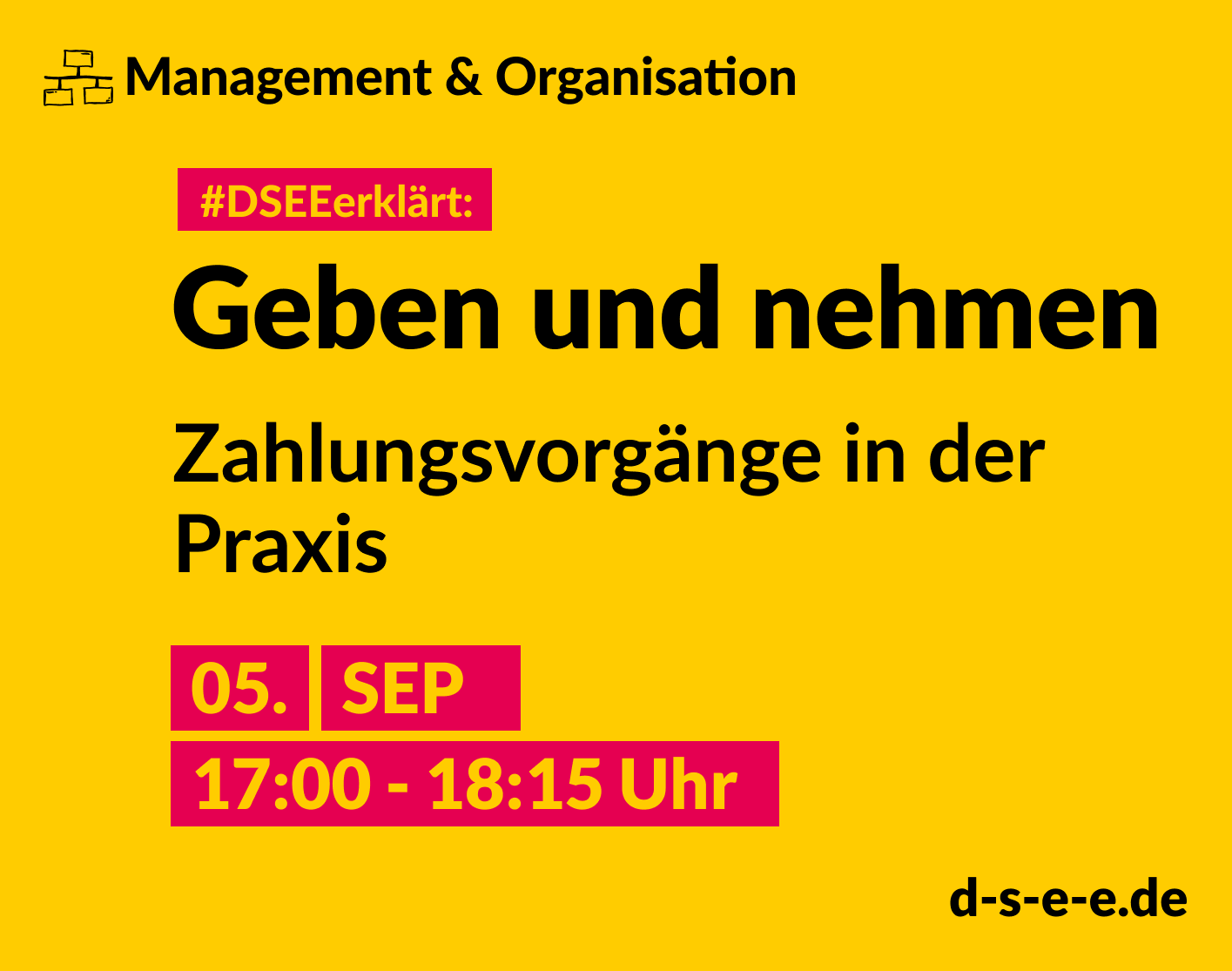 Grafik mit dem Text: Themengebiet Management & Organisation. #DSEEerklärt: Geben und nehmen. Zahlungsvorgänge in der Praxis. 5. September, 17:00-18:15 Uhr