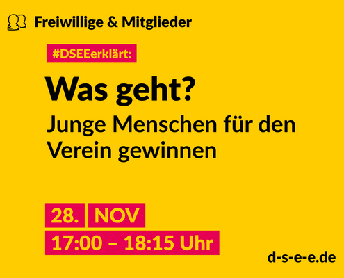 Grafik mit dem Text: Themenreihe Freiwillige & Mitglieder. #DSEEerklärt: Was geht? Junge Menschen für den Verein gewinnen. 28. November, 17:00-18:15 Uhr