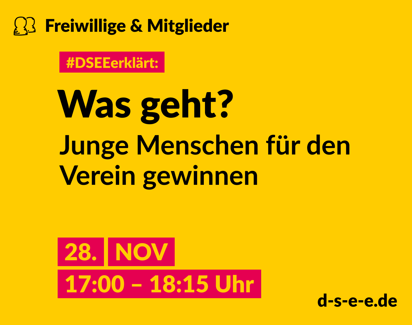 Grafik mit dem Text: Themenreihe Freiwillige & Mitglieder. #DSEEerklärt: Was geht? Junge Menschen für den Verein gewinnen. 28. November, 17:00-18:15 Uhr