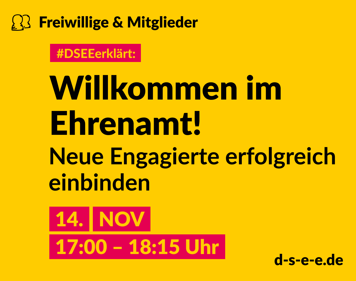 Grafik mit dem Text: Themenreihe Freiwillige & Mitglieder. #DSEEerklärt: Willkommen im Ehrenamt! Neue Engagierte erfolgreich einbinden. 14. November, 17:00-18:15 Uhr