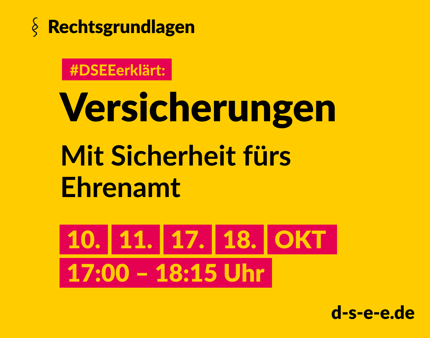 Grafik mit dem Text: Themenreihe Rechtsgrundlagen. #DSEEerklärt: Versicherungen. Mit Sicherheit fürs Ehrenamt. 10., 11., 17., 18. Oktober, 17:00-18:15 Uhr