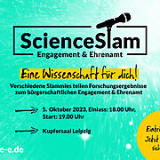 Grafik mit einem Mikrofon und dem Text: Science Slam Engagement & Ehrenamt. Eine Wissenschaft für dich! Verschiedene Slammies teilen Forschungsergebnisse zum bürgerschaftlichen Engagement & Ehrenamt 5. Oktober 2023, Einlass: 18.00 Uhr, Start: 19.00 Uhr Kupfersaal Leipzig d-s-e-e.de Eintritt frei. Jetzt Karten sichern.