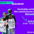 Foto mit zwei Menschen, die Arm in Arm mit dem Rücken zur Kamera stehen. Auf ihren Rucksäcken haben sie Transparente angebracht, auf denen „Natur ist Glück“ und „Nature first“ stehen. Text: #transform_d Digitalkonferenz: Nachhaltig wichtig – Wie wird Ehrenamt zum Klimaretter? 25.01.2024, 16:00–19:30 Uhr. d-s-e-e.de