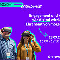 Foto von zwei Menschen, die eine Virtual-Reality-Brille aufhaben. Text: #transform_d Digitalkonferenz: Künstliche Intelligenz für freiwillige Genies – wie digital wird das Ehrenamt? 28.09.2023, 16:00–19:00 Uhr. d-s-e-e.de