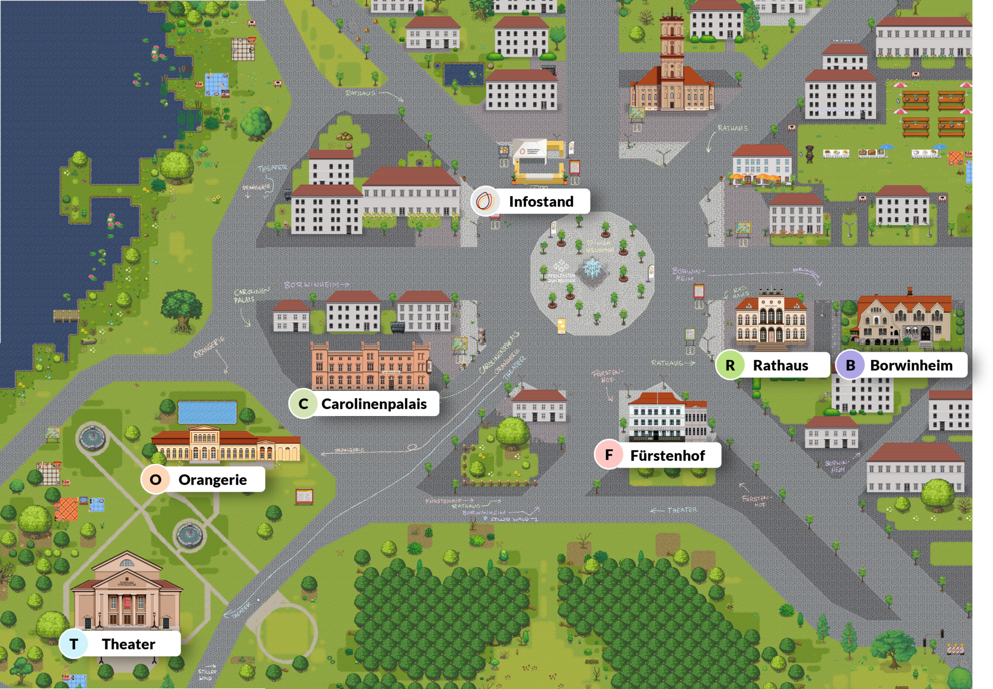 Screenshot mit einem Lageplan des Digitalen Neustrelitz in Retro-Spiele-Grafik. Zu sehen ist der Marktplatz mit einigen Gebäude darum gruppiert, so z. B. ein Infostand, das Rathaus, die Orangerie und das Theater.