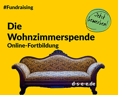 Grafik mit einem Sofa und dem Text: #Fundraising. Die Wohnzimmerspende. Online-Fortbildung. Jetzt bewerben! d-s-e-e.de