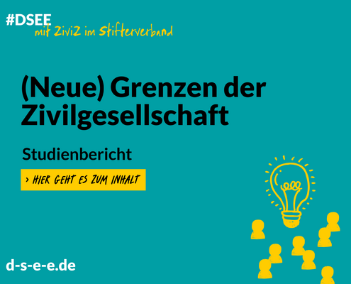 Grafik mit einer gezeichneten Glühbirne und stilisierten Menschen. Text: „DSEE mit ZiviZ im Stifterverband. (Neue) Grenzen der Zivilgesellschaft. Studienbericht. Hier geht es zum Inhalt.d -s-e-e.de“