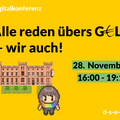 Grafik mit einem Männchen und einem Gebäude in der Optik alter Computerspiele mit dem Text: #Digitalkonferenz: Alle reden übers Geld – wir auch! 28. November, 16:00–19:15. d-s-e-e.de