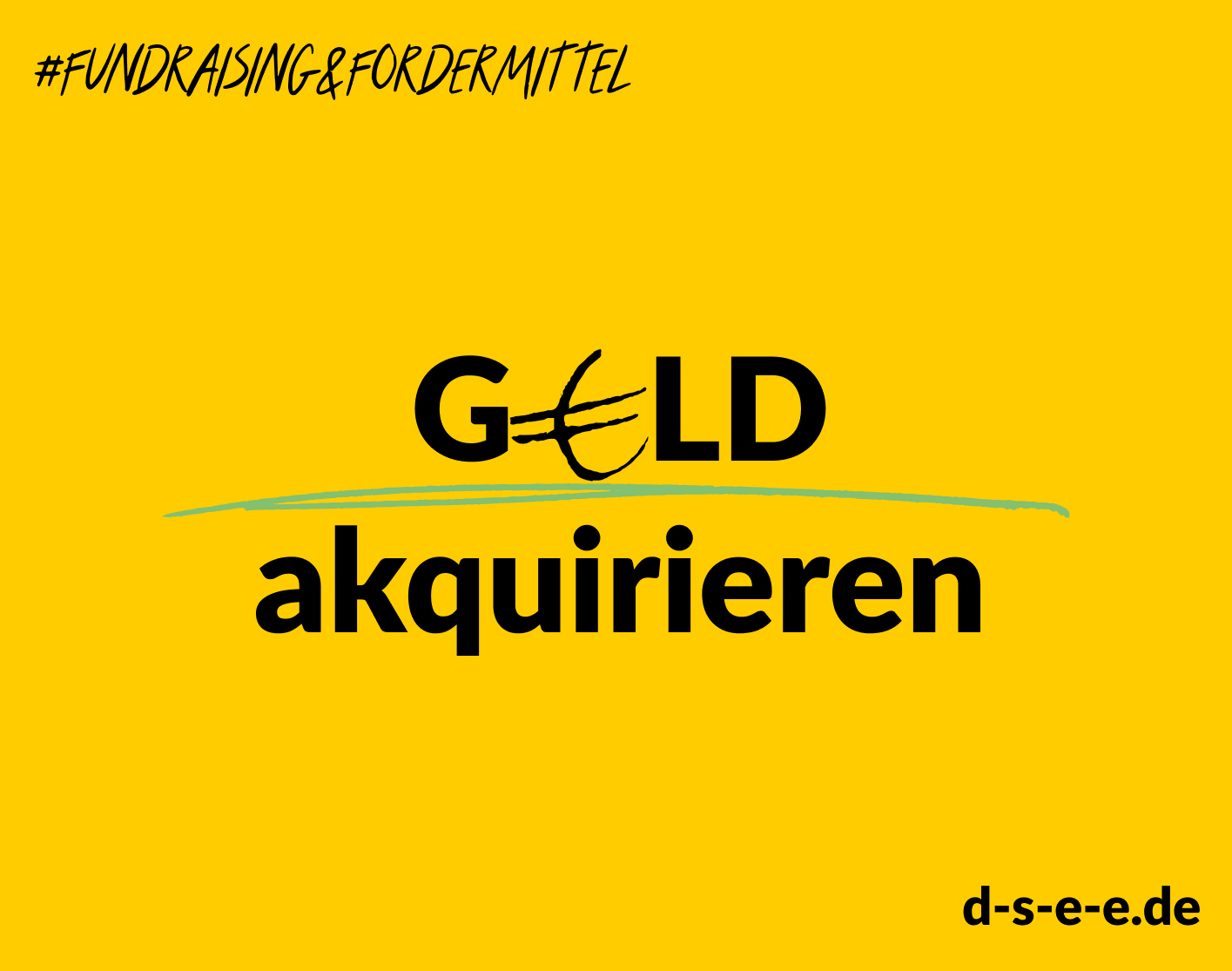 Grafik mit gelbem Hintergrund. Text: #Fundraising & Fördermittel. Geld akquirieren. d-s-e-e.de