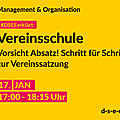 Grafik mit Symbolen und dem Text: Manangement & Organisation. #DSEEerklärt: Vereinsschule. Vorsicht Absatz! Schritt für Schritt zur Vereinssatzung. 17. Januar, 17:00–18:15 Uhr