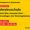 Grafik mit Symbolen und dem Text: Manangement & Organisation. #DSEEerklärt: Vereinsschule. Gute Idee, besserer Start – Grundlagen der Vereinsführung. 16. Januar, 17:00–18:15 Uhr