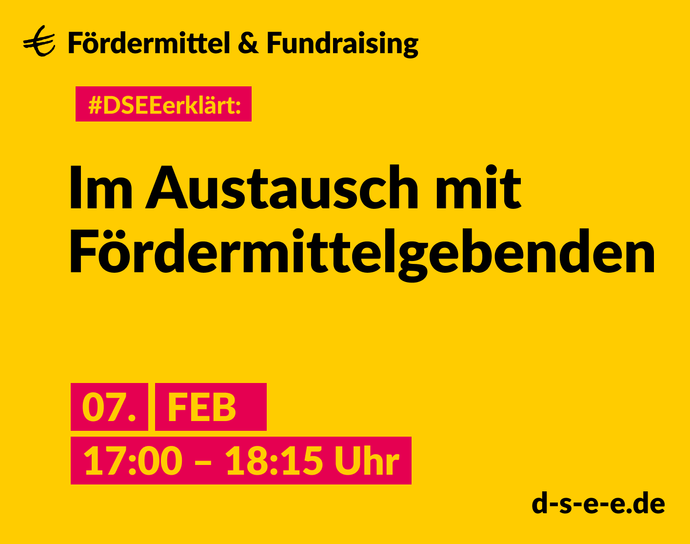 Grafik mit dem Text: Fördermittel & Fundraising. #DSEEerklärt: Im Austausch mit Fördermittelgebenden. 7. Februar, 17:00 – 18:15 Uhr.
