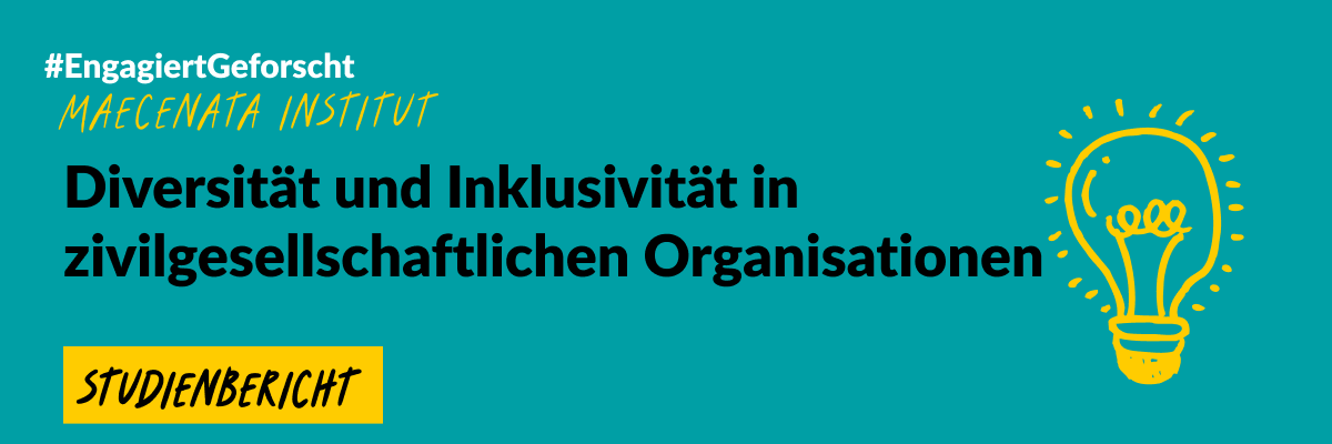 Grafik mit grünem Hintergrund und einer gezeichneten Glühbirne. Text: #EngageiertGeforscht Maecenata Institut. Diversität und Inklusivität in zivilgesellschaftlichen Organisationen. Studienbericht