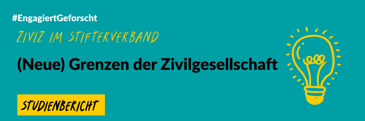 Grafik mit grünem Hintergrund und einer gezeichneten Glühbirne. Text: #EngageiertGeforscht ZiviZ im Stifterverband. (Neue) Grenuen der Zivilgesellschaft. Studienbericht