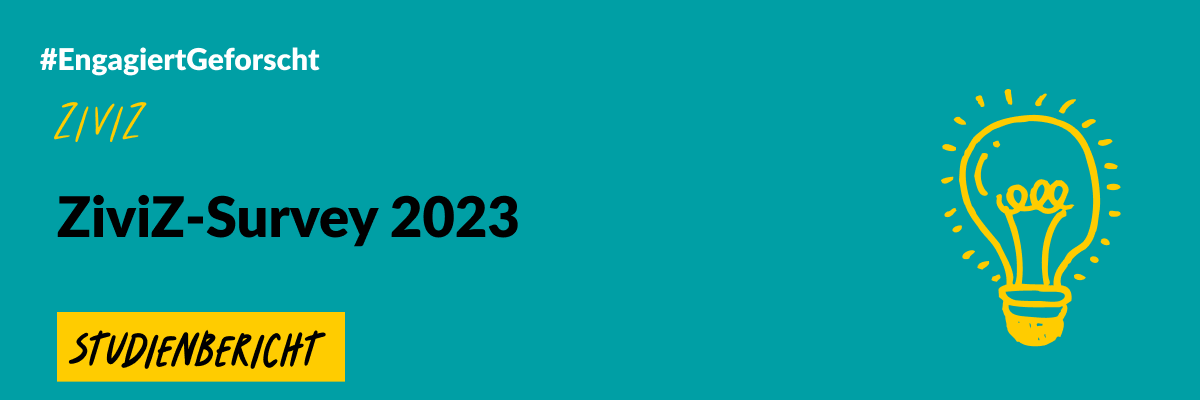 Grafik mit grünem Hintergrund und einer gezeichneten Glühbirne. Text: #EngageiertGeforscht ZiviZ. Ziviz-Survey 2023. Studienbericht