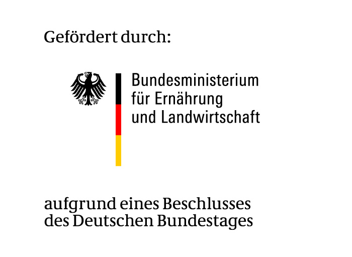 Grafik mit dem Bundeswappen und dem Text: Gefördert durch: Bundesministerium für Ernährung und Landwirtschaft aufgrund eines Beschlusses des Deutschen Bundestags