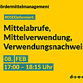 Grafik mit gelbem Hintergrund. Text: Fördermittelmanagement. #DSEEinformiert: Mittelabrufe, Mittelverwendung, Verwendungsnachweise. 08. Februar. 17:00-18:15 Uhr. d-s-e-e.de