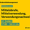Grafik mit gelbem Hintergrund. Text: Fördermittelmanagement. #DSEEinformiert: Mittelabrufe, Mittelverwendung, Verwendungsnachweise. 07. März. 17:00-18:15 Uhr. d-s-e-e.de