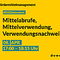 Grafik mit gelbem Hintergrund. Text: Fördermittelmanagement. #DSEEinformiert: Mittelabrufe, Mittelverwendung, Verwendungsnachweise. 08. April. 17:00-18:15 Uhr. d-s-e-e.de