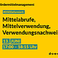 Grafik mit gelbem Hintergrund. Text: Fördermittelmanagement. #DSEEinformiert: Mittelabrufe, Mittelverwendung, Verwendungsnachweise. 13. Juni, 17:00-18:15 Uhr. d-s-e-e.de