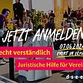 Foto von Teilnehmenden mit Kopfhörern an einer Konferenz. Text: Jetzt anmelden! 07.06.2024. Event in Erfurt. Recht verständlich. Juristische Hilfe für Vereine. d-s-e-e.de