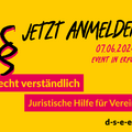 Gelbe grafik mit einem Paragraf-Zeichen. Text: Jetzt anmelden! 07.06.2024. Event in Erfurt. Recht verständlich. Juristische Hilfe für Vereine. d-s-e-e.de