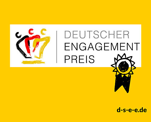 Logo des Deutschen Engagementpreises und eine gezeichnete Plakette. d-s-e-e.de
