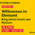 Grafik mit dem Text: Freiwillige & Mitglieder. #DSEE erklärt: Willkommen im Ehrenamt. Bring deinen Verein zum Wachsen. 29. Mai, 17:00–18:15 Uhr d-s-e-e.de