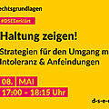 Grafik mit dem Text: Rechtsgrundlagen. #DSEE erklärt: Haltung zeigen! Demokratiefeindliches Strategien für den Umgang mit Intoleranz & Anfeindungen 08. Mai, 17:00–18:15 Uhr d-s-e-e.de
