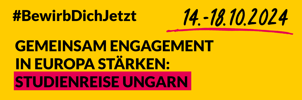 Grafik mit einem skizzierten Reisebus und dem Text: #Bewirb Dich Jetzt. 14.–18.102024. Gemeinsamt Engagement in Europa stärken: Studienreise Ungarn. d-s-e-e.de