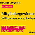 Grafik mit dem Text: Freiwillige & Mitglieder. #DSEE erklärt: Mitgliedergewinnung. Willkommen, um zu bleiben. 28., 29. Mai 2024, 17:00–18:15 Uhr d-s-e-e.de