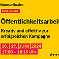 Gelbe Grafik mit gezeichnetem Megafon und dem Text: Kommunikation. #DSEEerklärt Öffentlichkeitsarbeit. Kreativ und effektiv zur erfolgreichen Kampagne. 18. und 19. Juni 2024, 17:00–18:15 Uhr. d-s-e-e.de