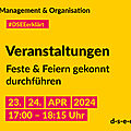 Grafik mit dem Text: Management & Organisation. #DSEE erklärt: Veranstaltungen. Feste & Feiern gekonnt durchführen. 23./24. April 2024, 17:00–18:15 Uhr d-s-e-e.de