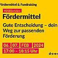 Grafik mit dem Text: Fördermittel & Fundraising. #DSEEerklärt: Fördermittel. Gute Entscheidung – dein Weg zur passenden Förderung 6./7. Februar 2024, 17:00 – 18:15 Uhr.