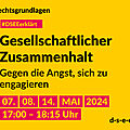 Grafik mit dem Text: Rechtsgrundlagen. #DSEE erklärt: Gesellschaftlicher Zusammenhalt. Gegen die Angst, sich zu engagieren. 07./08./14. Mai 2024, 17:00–18:15 Uhr d-s-e-e.de