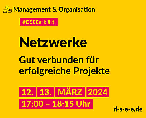 Grafik mit dem Text: Management und Organisation. #DSEE erklärt: Netzwerke – Gut verbunden für erfolgreiche Projekte. 12./13. März 2024, 17:00–18:15 Uhr. d-s-e-e.de