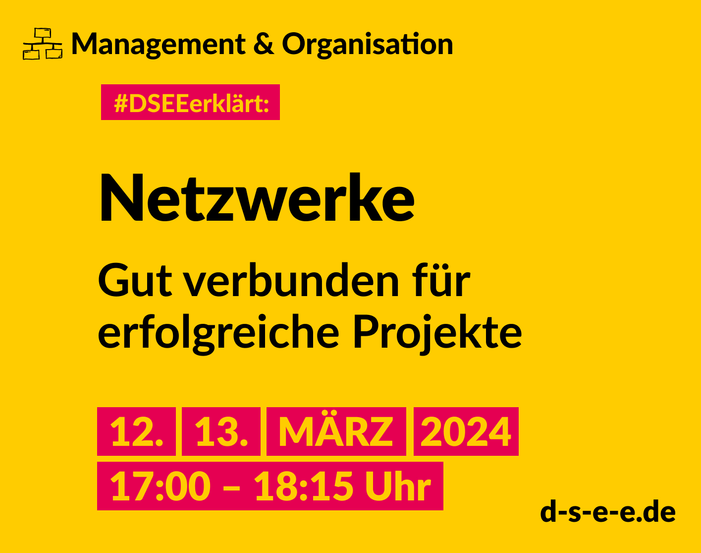 Grafik mit dem Text: Management und Organisation. #DSEE erklärt: Netzwerke – Gut verbunden für erfolgreiche Projekte. 12./13. März 2024, 17:00–18:15 Uhr. d-s-e-e.de