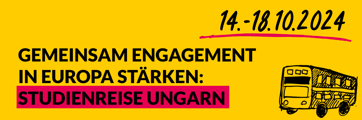 Grafik mit einem skizzierten Reisebus und dem Text: 14.–18.10.2024. Gemeinsam Engagement in Europa stärken: Studienreise Ungarn. d-s-e-e.de