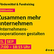 Gelbe Graik mit dem Text: € Fördermittel & Fundraising #DSEEerklärt Zusammen mehr unternehmen. Unternehmenskooperationen gestalten. 25. September 2024, 17:00–18:15 Uhr