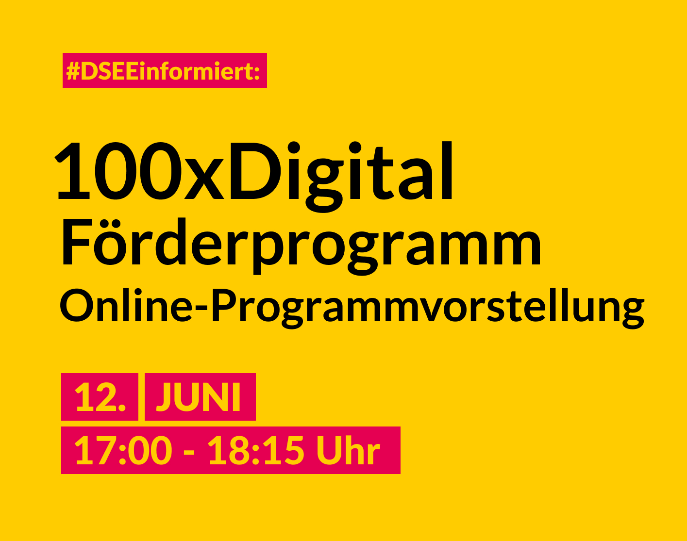 Veranstaltungsankündigung "DSEE informiert" "100x Digital Förderprogramm" "Online-Programmvorstellung am 12. Juni von 17 Uhr bis 18 UHr 15"