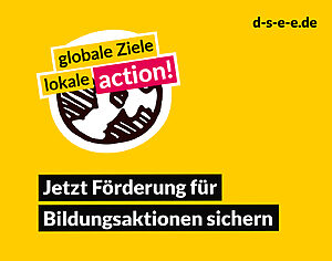 Slider für das Förderprogramm "action!" Grafik und Text: "Globale Ziele lokale action!" "Jetzt Förderung für Bildungsaktionen sichern!". Das Bildelement ist ein Globus