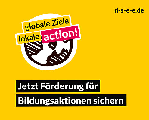 Slider für das Förderprogramm "action!" Grafik und Text: "Globale Ziele lokale action!" "Jetzt Förderung für Bildungsaktionen sichern!". Das Bildelement ist ein Globus
