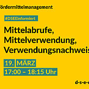DSEE informiert Fördermittelmanagement: Mittelabrufe, Mittelverwendung, Verwendungsnachweise. 19. März, 17:00–18:15 Uhr