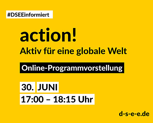Veranstaltungsankündigung zum DSEE informiert Webinar: Förderprogramm action!, Termin: 30. Juni 2025, 17 Uhr bis 18 Uhr 15