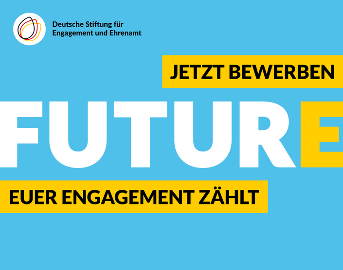 Grafik mit dem Logo der DSEE und dem Text: Jetzt bewerben. FuturE. Euer Engagement zählt