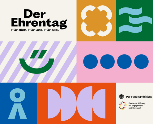 Grafik mit dem Logo des Bundespräsidenten und dem Logo der DSEE. Text: Der Ehrentag. Für dich. Für uns. Für alle.